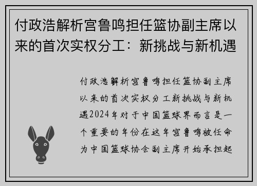 付政浩解析宫鲁鸣担任篮协副主席以来的首次实权分工：新挑战与新机遇